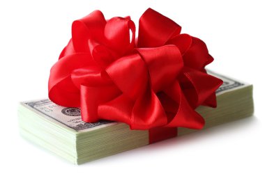 paket üzerinde beyaz izole kurdele ile bağlanmış dolar