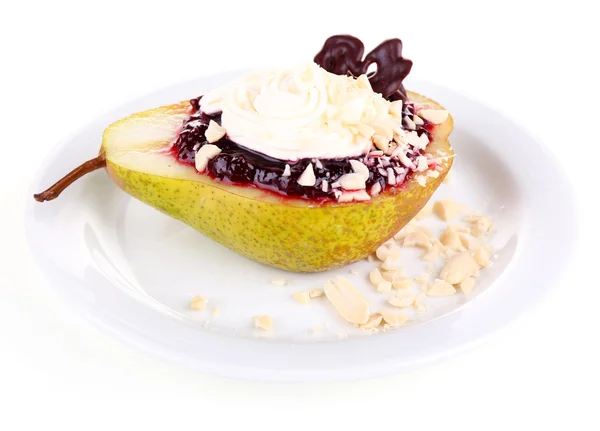 Tasty dessert with pear, cream and berry sauce on plate, isolated on white — Stock Photo, Image