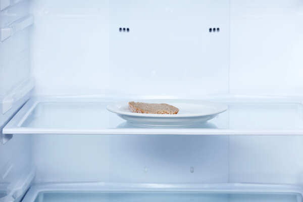Piece of bread on plate in refrigerator