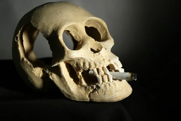 Fumar scull humano com cigarro em sua boca no fundo escuro — Fotografia de Stock