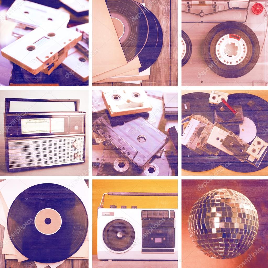 Vinyl records, audio cassettes, microphone, tape recorder and radio set in collage