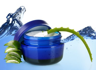Aloe Vera ve soyut mavi su dalgası zemin üzerine krem