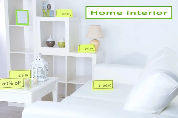 New white furniture with prices in showroom — Stock Photo, Image