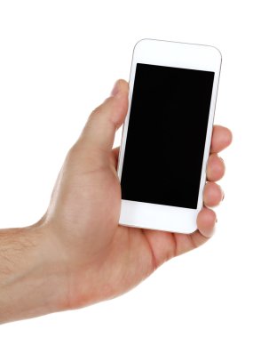Mobil akıllı telefon üzerinde beyaz izole tutan el