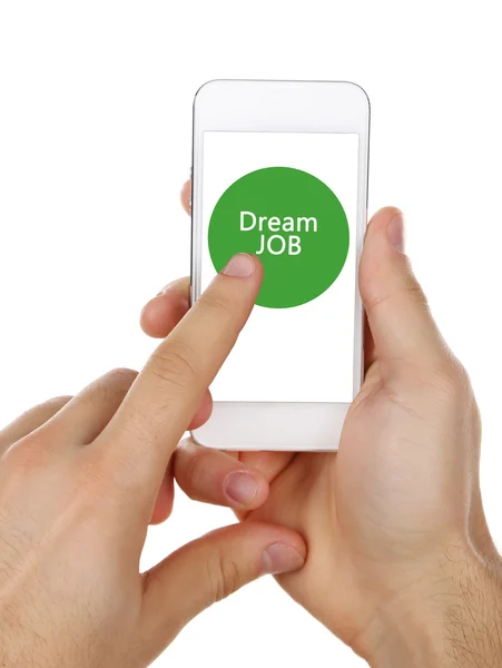 Teléfono inteligente en las manos y texto Dream Job en la pantalla, concepto de búsqueda de empleo —  Fotos de Stock
