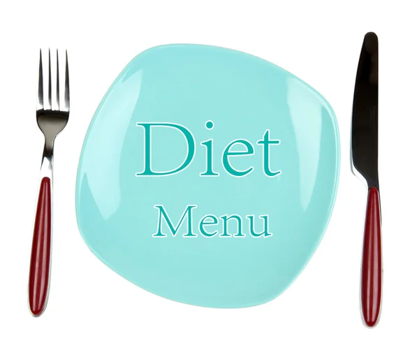 Piatto con testo "Menù a dieta", forchetta e coltello isolato su bianco — Foto Stock