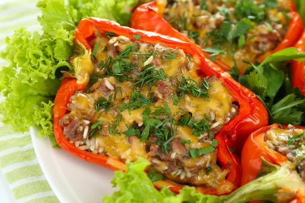 Stuffed red peppers on plate on napkin close up — Stock Photo, Image