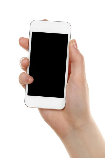 白で隔離モバイルのスマート フォンを持っている手 — ストック写真