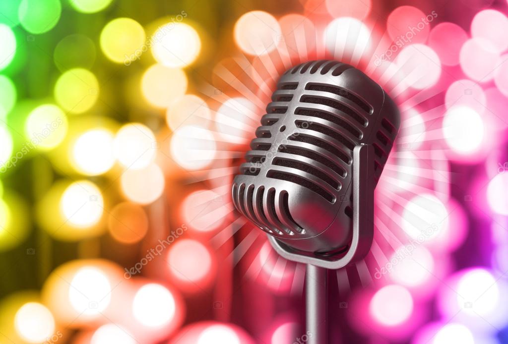 Retro microphone on bright background, Karaoke concept