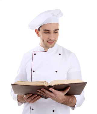 Şef tarifi kitap üzerinde beyaz izole el ile