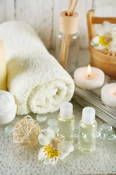 Composition of spa treatment on wooden background — Stock Photo, Image