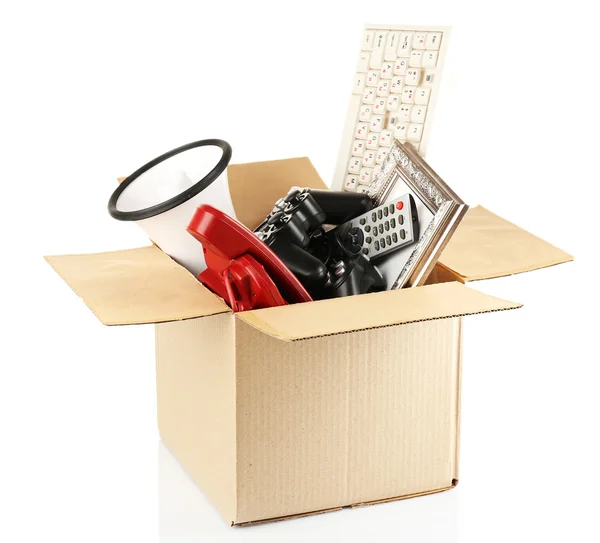 Box of unwanted stuff isolated on white — Stock Photo, Image