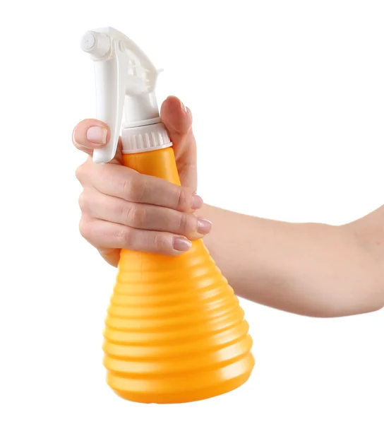 Weibliche Hand mit Sprayer isoliert auf weiß — Stockfoto