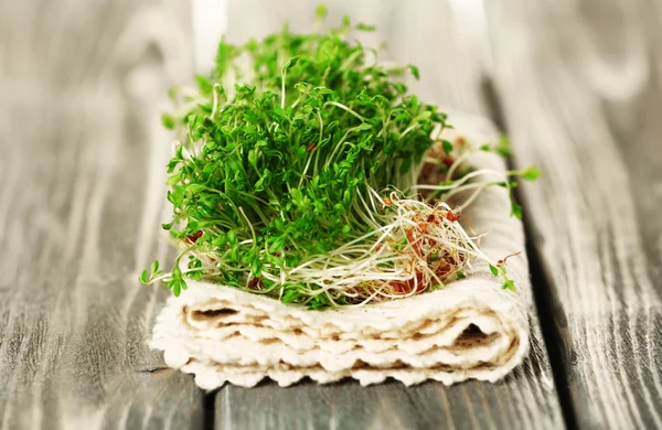 Fresh cress salad on wooden planks background — Stock Photo, Image