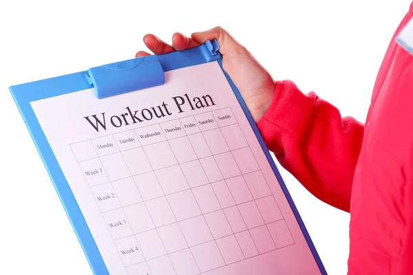 Sport trainer met persoonlijke training plan geïsoleerd op wit — Stockfoto