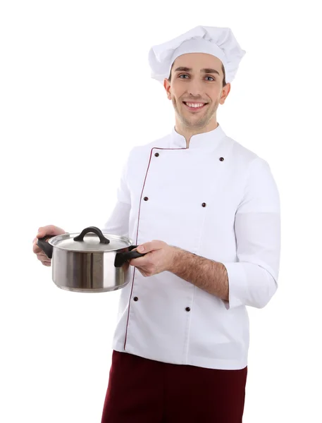 Шеф-кухар з каструлею в руках ізольовано на білому — стокове фото