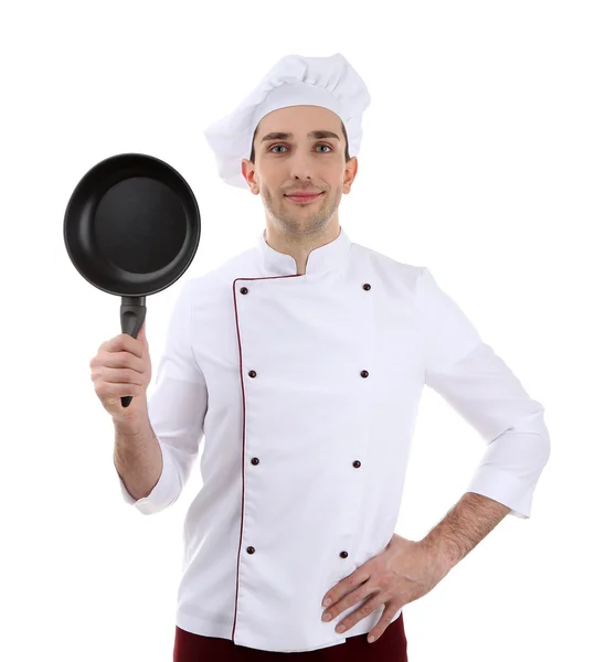 Chef con sartén en mano aislado en blanco — Foto de Stock