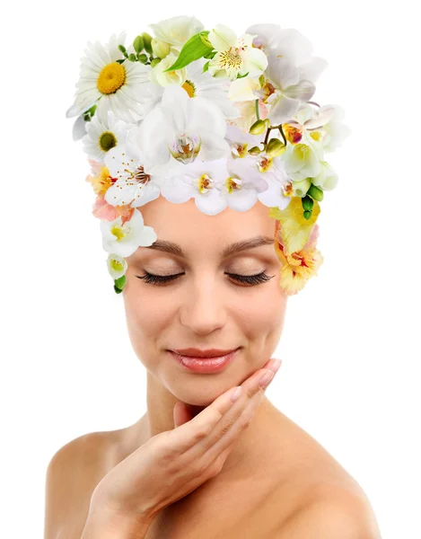 Beautiful young woman with hairstyle from flowers isolated on white — Stock Photo, Image