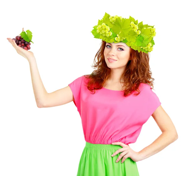 Beautiful young woman with grape wig isolated on white — Stock Photo, Image