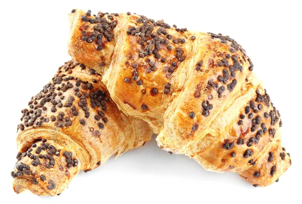 Friss és ízletes croissant, csokoládé, elszigetelt fehér — Stock Fotó