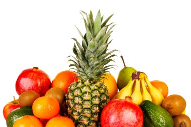 Beyaza izole edilmiş egzotik meyve çeşitleri