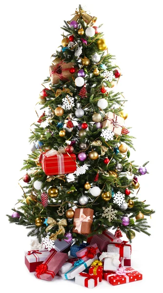 Decorated Christmas tree with presents under it isolated on white — Stock Photo, Image