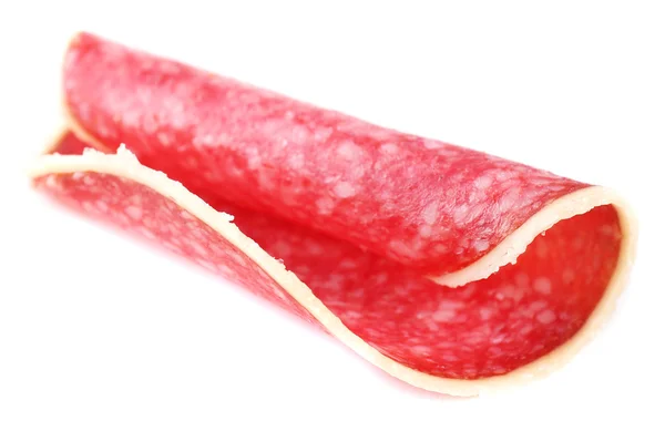 Scheibe Salami isoliert auf weißem Hintergrund — Stockfoto