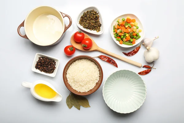 Food ingredients and kitchen utensils for cooking isolated on white — Stock Photo, Image