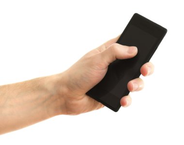 El beyaz izole mobil akıllı telefon tutarak