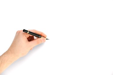 Erkek el ile üzerine beyaz izole kalem