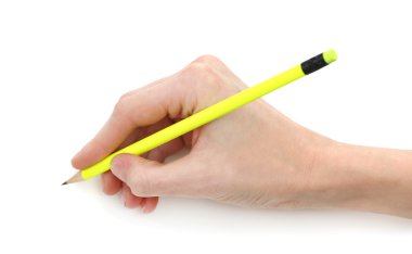 Erkek el ile üzerine beyaz izole kalem