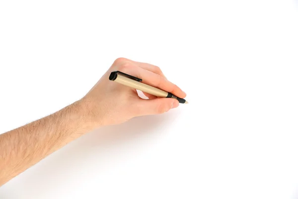 Чоловіча рука з ручкою ізольована на білому — стокове фото