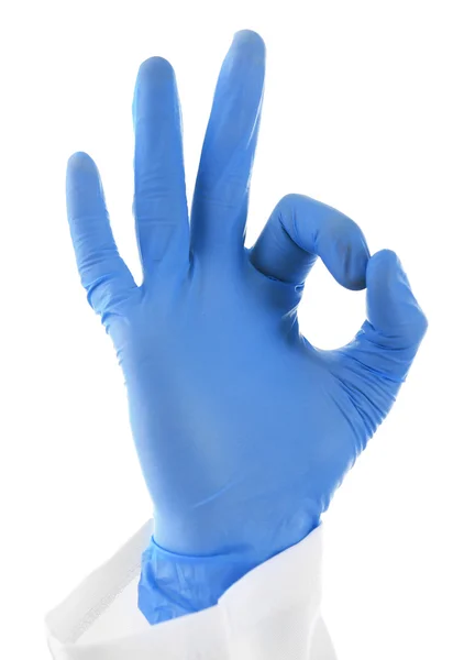 Mano de doctor en guantes estériles aislados en blanco — Foto de Stock
