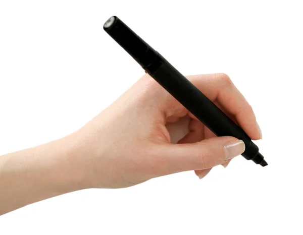 Erkek el ile üzerine beyaz izole siyah kalemi — Stok fotoğraf