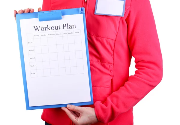 Sport trainer met persoonlijke training plan geïsoleerd op wit — Stockfoto