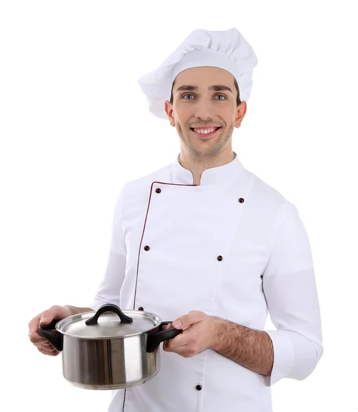 Chef con cacerola en manos aisladas sobre blanco — Foto de Stock