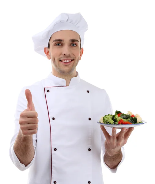 Chef with dish in hand isolated on white — Stock Photo, Image