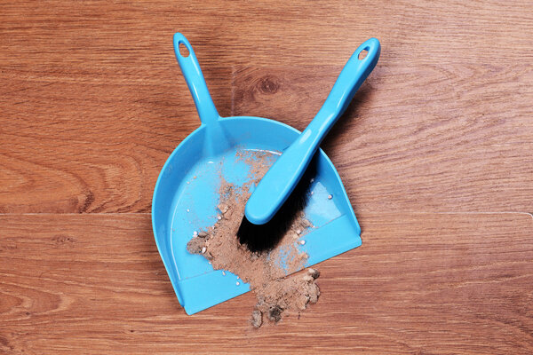 Trash in scoop on floor close-up