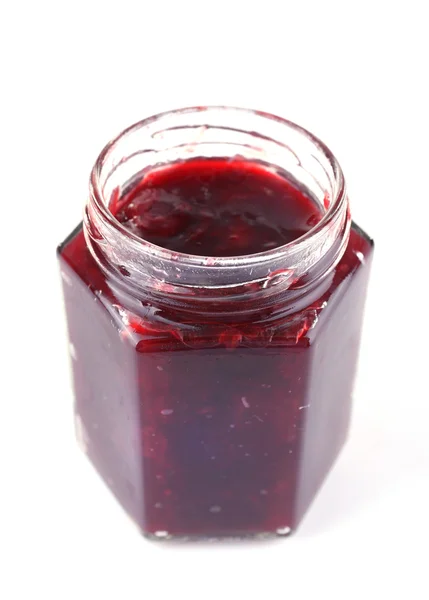Homemade jar of plum jam isolated on white background — Stock Photo, Image