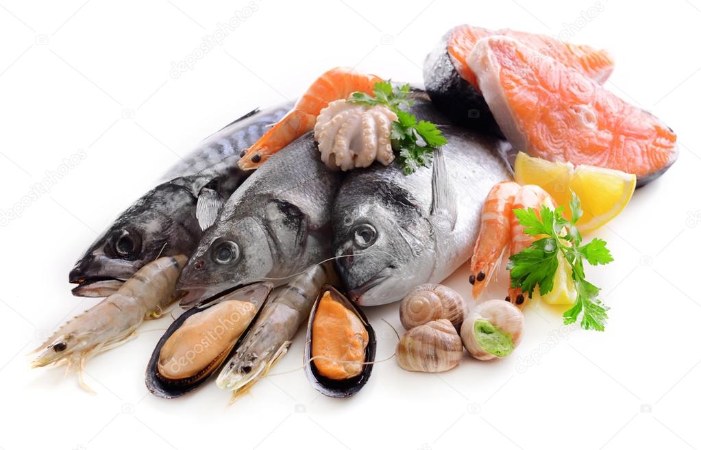 Fresh fish and other seafood isolated on white Stock Photo by