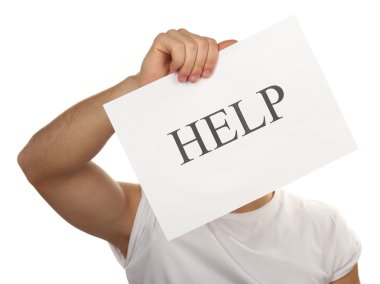 Kağıdın yardımıyla erkek elinde beyaz izole işareti