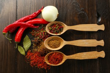 Kaşık, baharat çeşitleri ahşap arka plan üzerinde yakın çekim