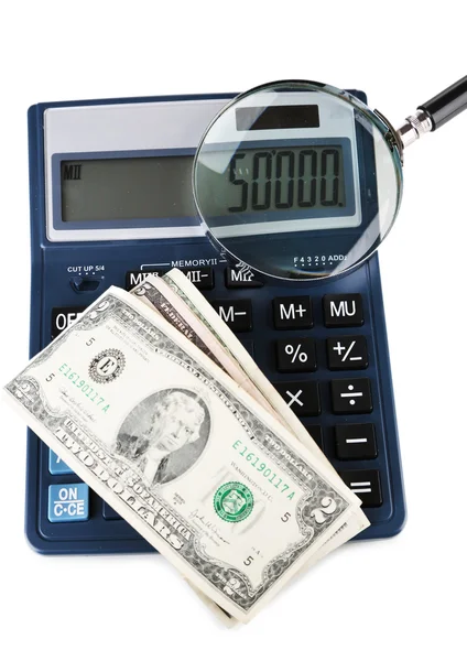 Fraud concept with magnifier and calculator, isolated on white — Stock Photo, Image