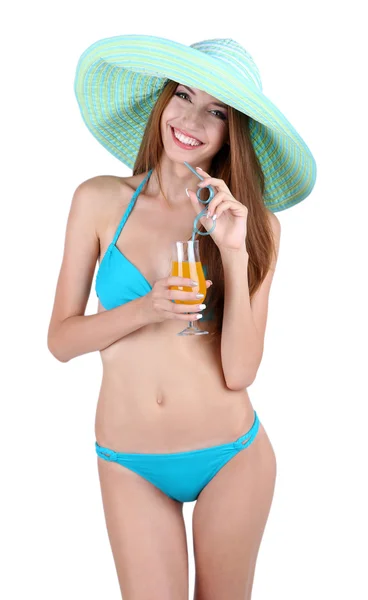 Beautiful young woman in swimsuit with cocktail isolated on white — Stock Photo, Image