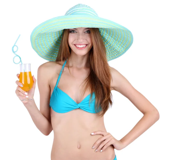 Beautiful young woman in swimsuit with cocktail isolated on white — Stock Photo, Image