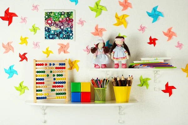 Shelves with toys in child room close-up — Stock Photo, Image