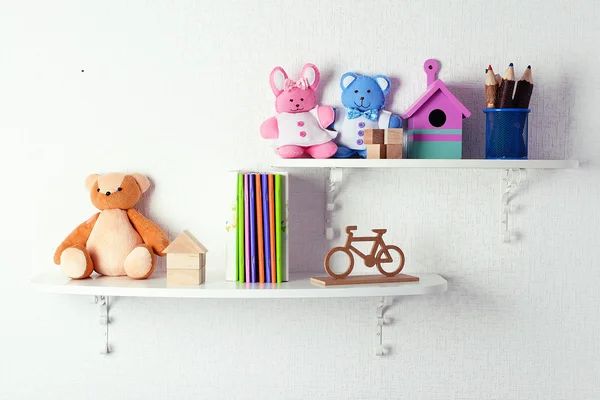 Shelves with toys in child room close-up — Stock Photo, Image