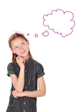 Sevimli kız beyaz, metin bulut, metin için yer ile izole rüya