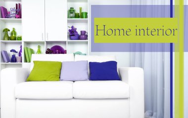 Modern iç mekan tasarımları. Kanepe ve kitaplık beyaz oturma odası. Ev iç kavramı