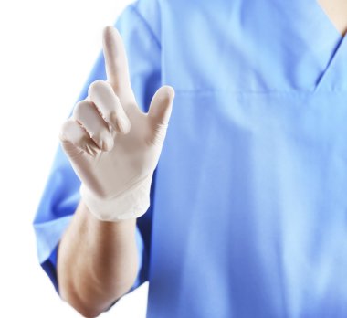 Doktor el beyaz arka plan üzerinde izole işareti, gösterilen steril eldiven